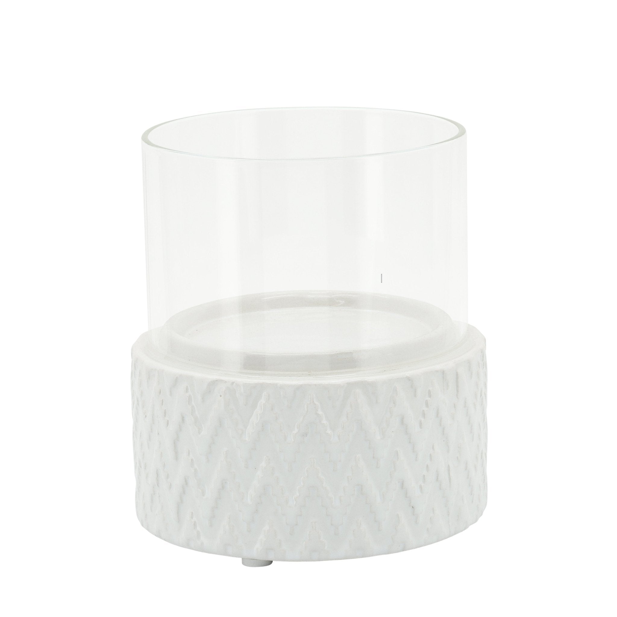 WHITE CERAMIC /GLASS 5" PILLAR HOLDER, CHEVRON Candle Holders| Sagebrook Home
