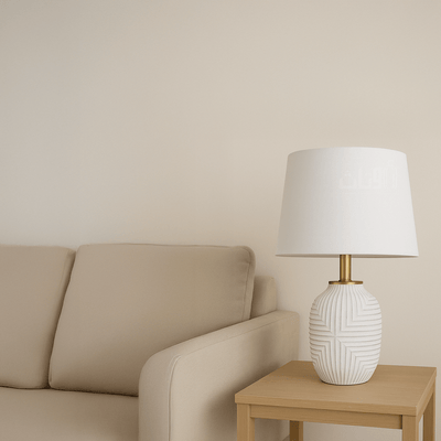 White Ceramic Table Lamp with Elegant Fabric Shade - Al Rugaib Furniture