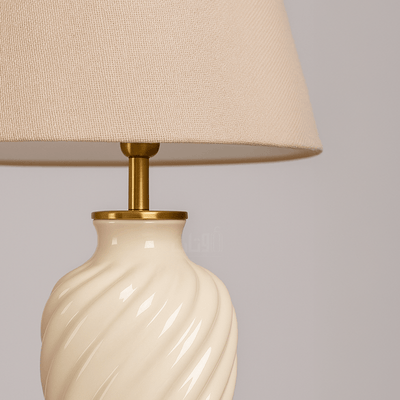 White Ceramic Table Lamp with Golden Base and Beige Shade - Al Rugaib Furniture