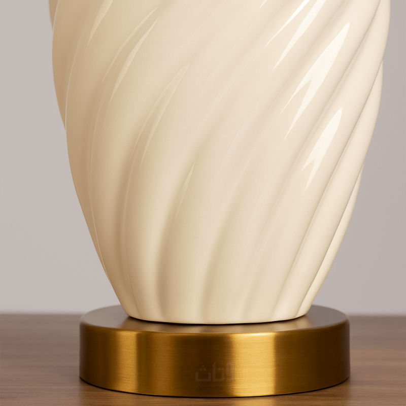 White Ceramic Table Lamp with Golden Base and Beige Shade - Al Rugaib Furniture