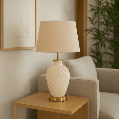 White Ceramic Table Lamp with Golden Base and Beige Shade - Al Rugaib Furniture