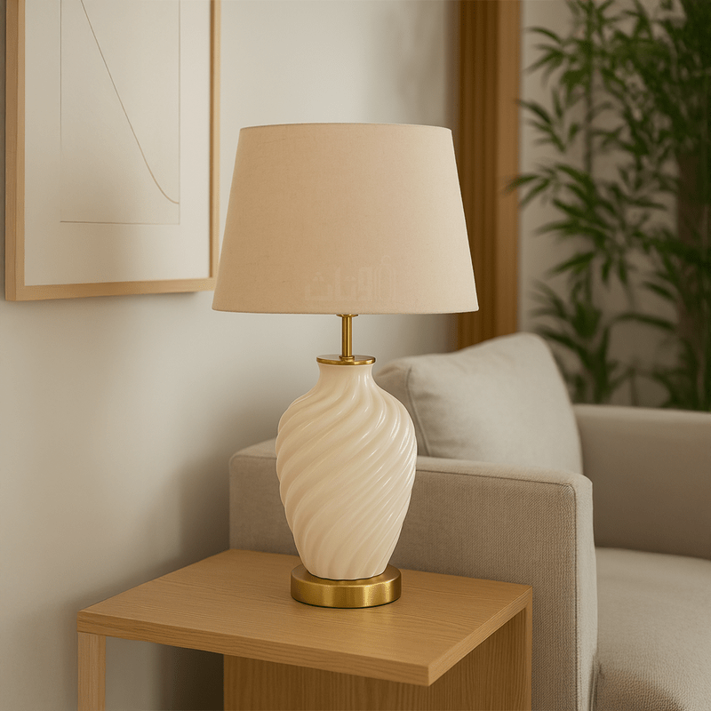 White Ceramic Table Lamp with Golden Base and Beige Shade - Al Rugaib Furniture
