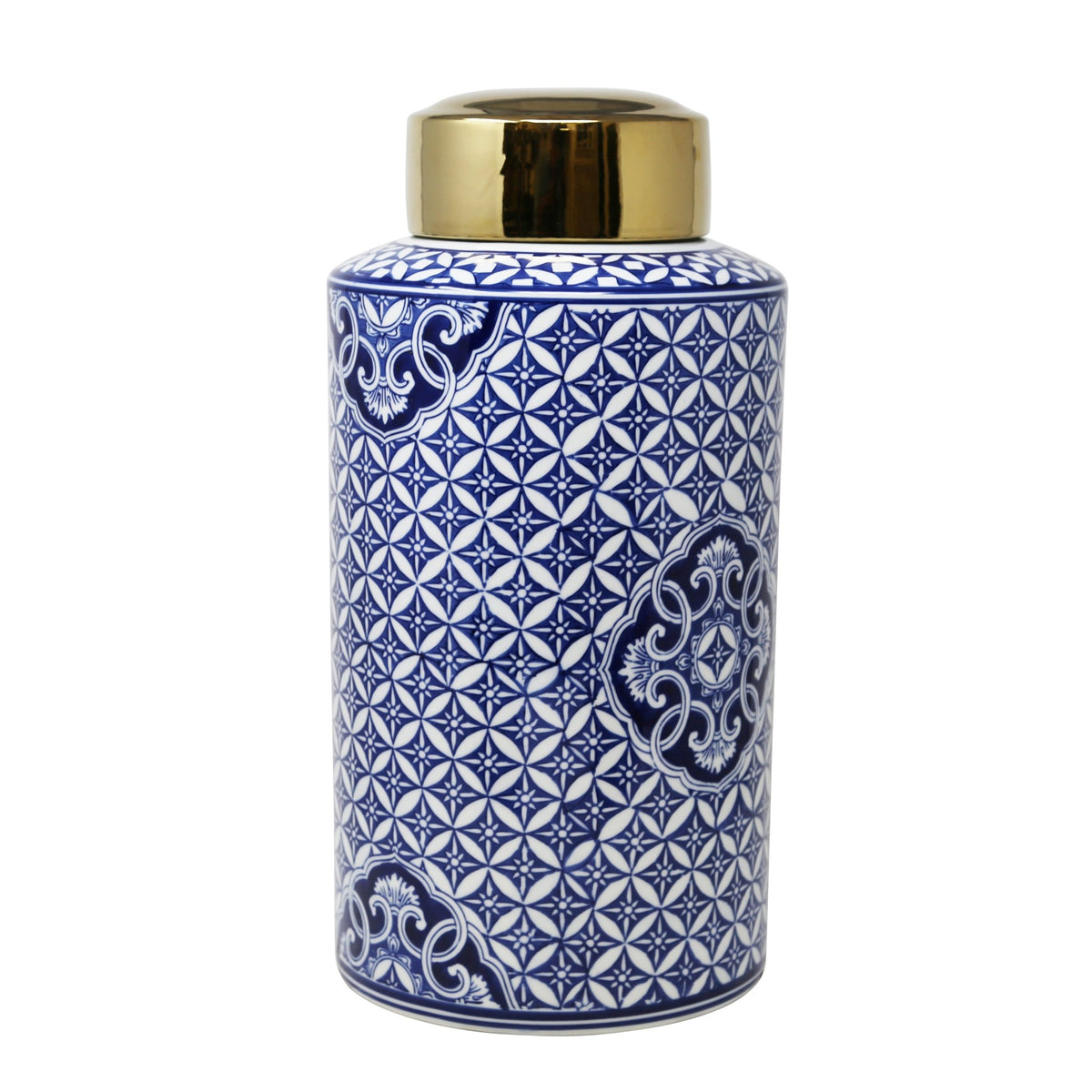 WHITE/BLUE JAR W/ GOLD TOP 16" Vases and Jars| Sagebrook Home