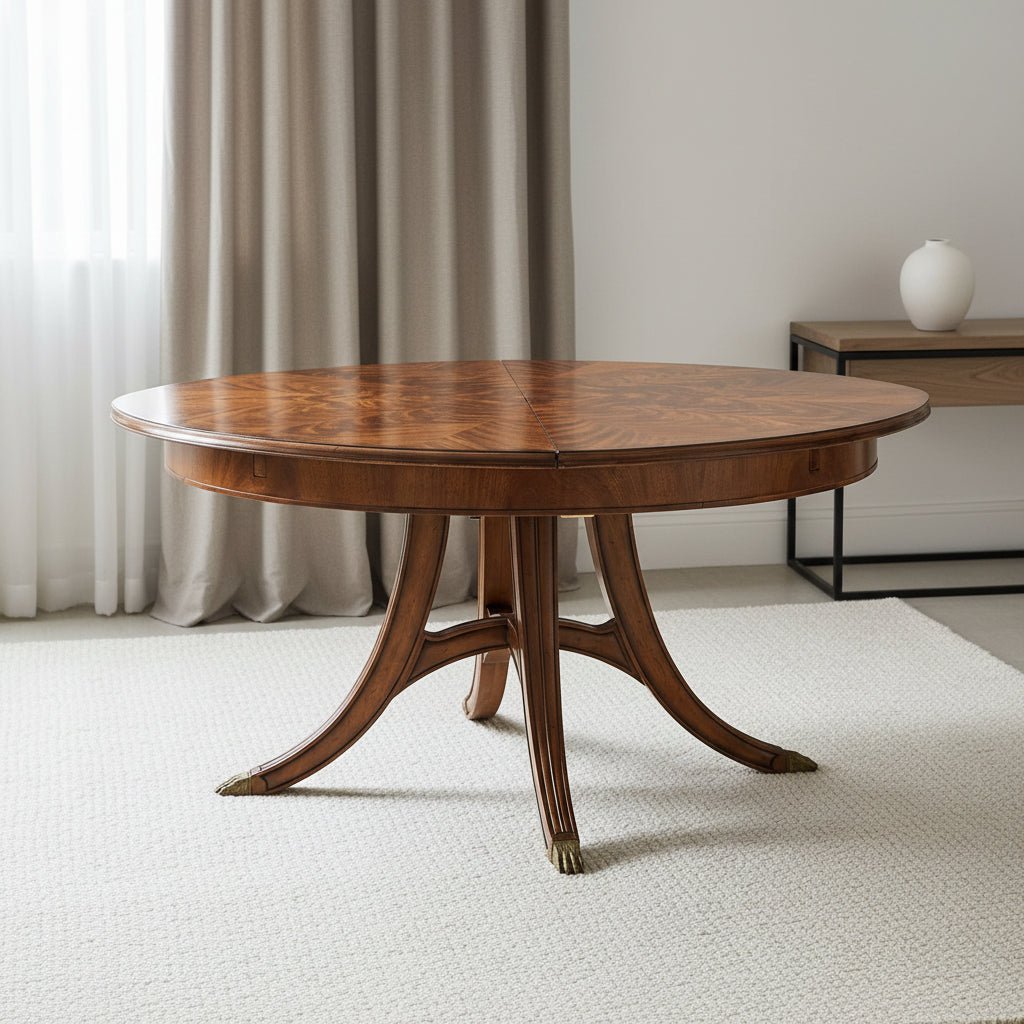 Windsor Collection - 59" Crotch Walnut circular dining table with self–storing leaves Dining Tables| Jonathan Charles