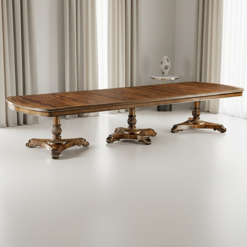 Windsor Collection - Crotch walnut triple pedestal dining table Dining Tables| Jonathan Charles