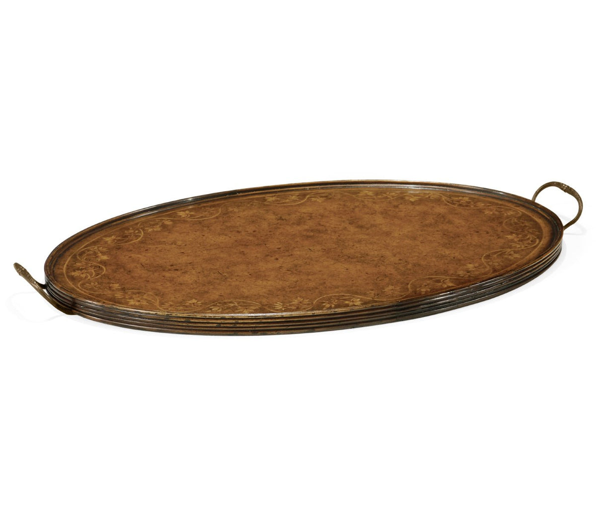 Windsor Collection - Oval Burl Walnut Tray with Floral Inlay Ground Decors| Jonathan Charles