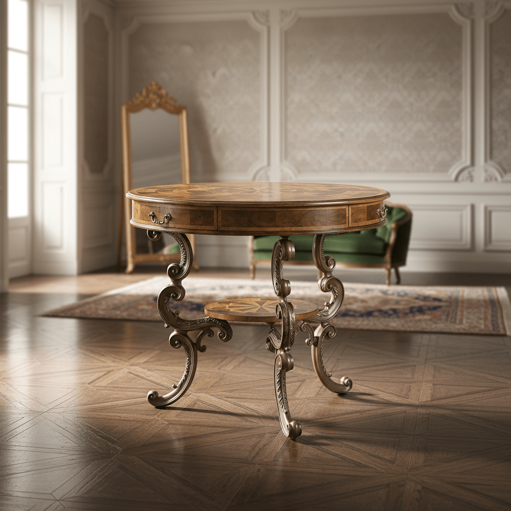 Windsor Collection - Oyster round table on brass base Coffee Tables| Jonathan Charles