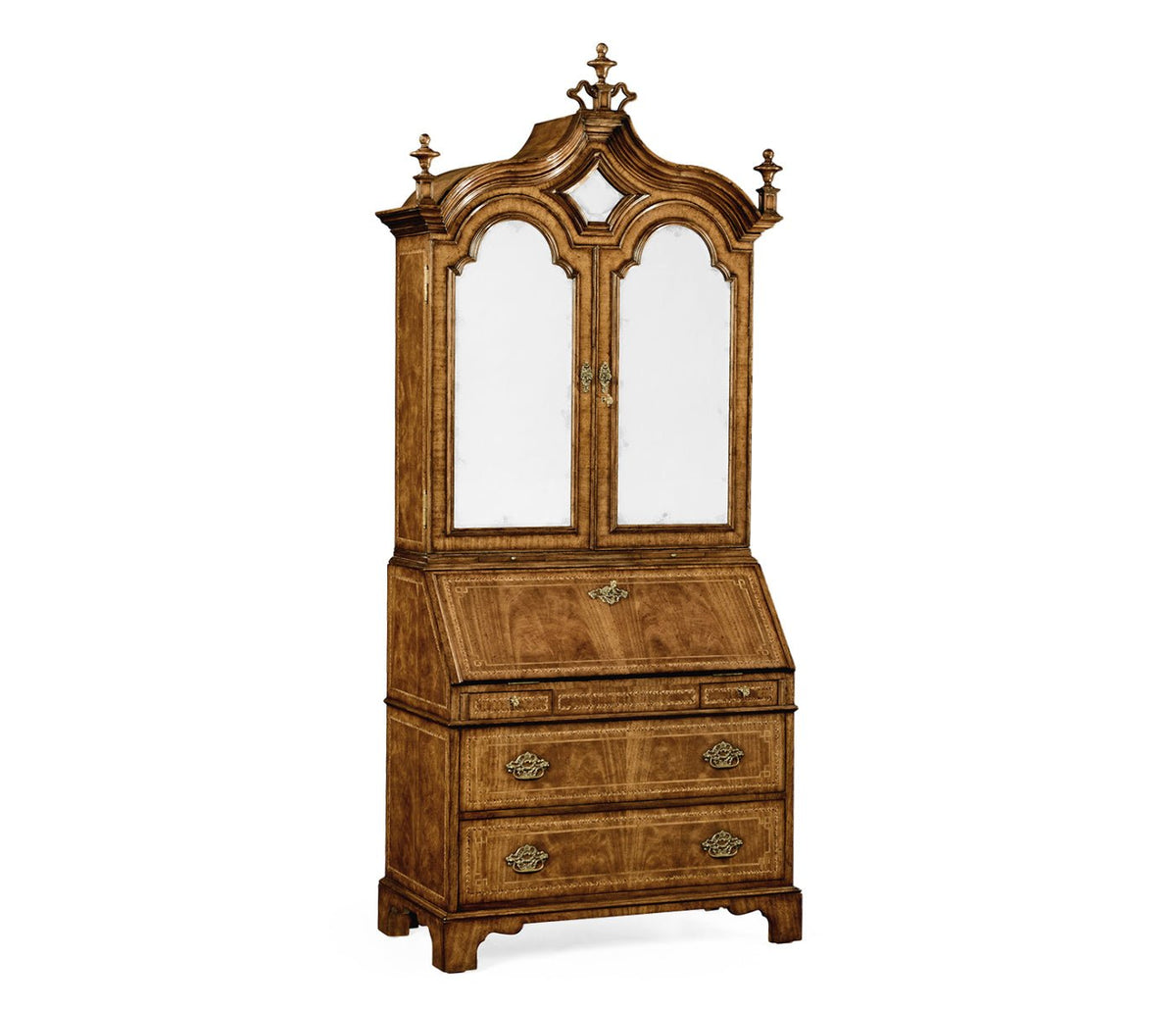 Windsor Collection - Queen Anne Walnut Bureau with Chinoiserie Interior & Mirrored Doors Ground Decors| Jonathan Charles