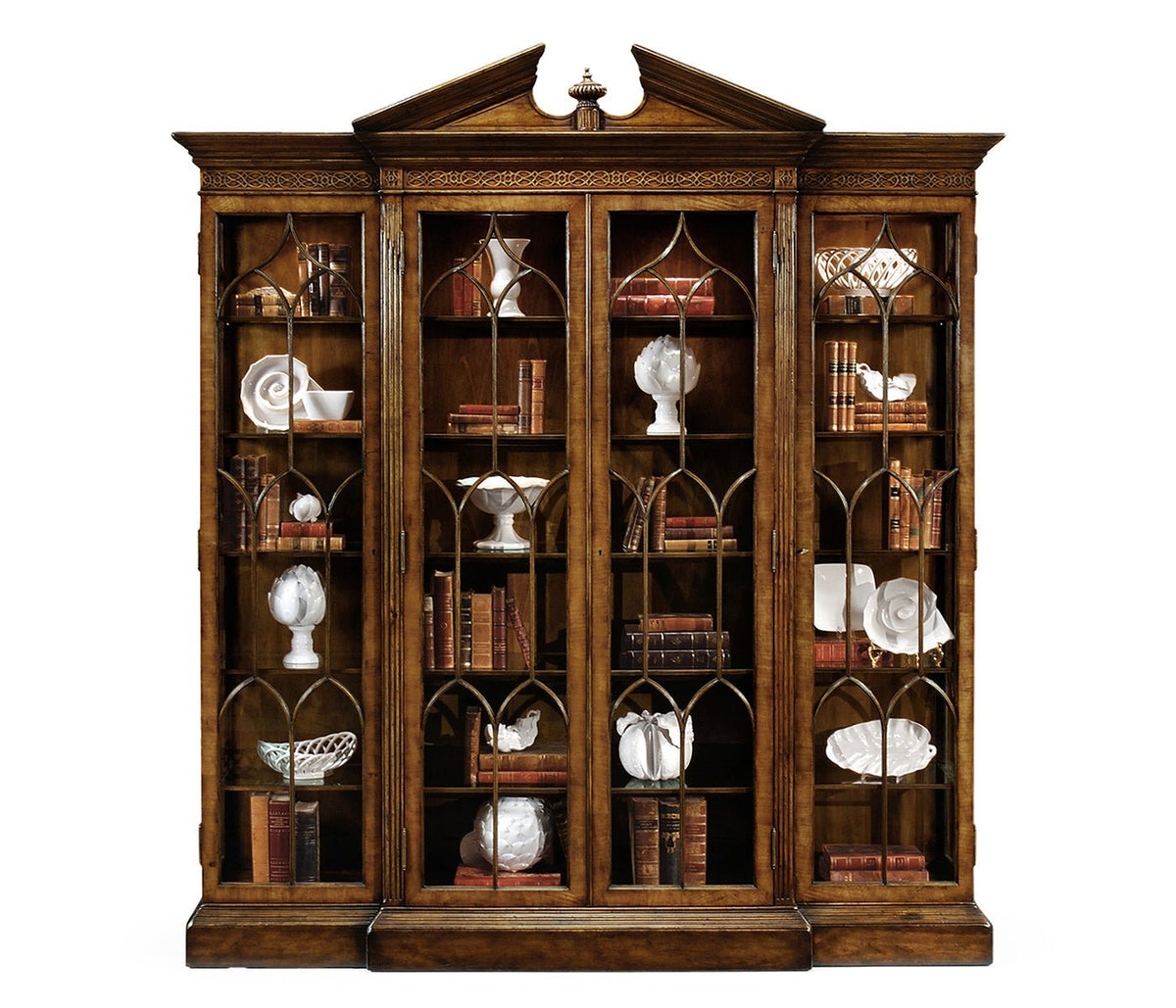Windsor Collection - Triple Breakfront Walnut Display Cabinet with Pediment Cabinets & Chests| Jonathan Charles