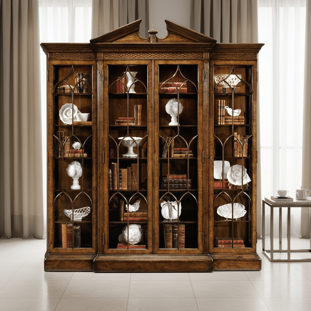 Windsor Collection - Triple Breakfront Walnut Display Cabinet with Pediment Cabinets & Chests| Jonathan Charles