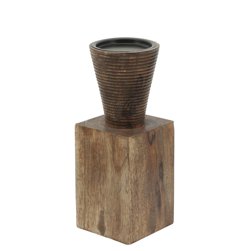 Wood, 10"H, Geometric Candle Holder, Brown - Al Rugaib Furniture