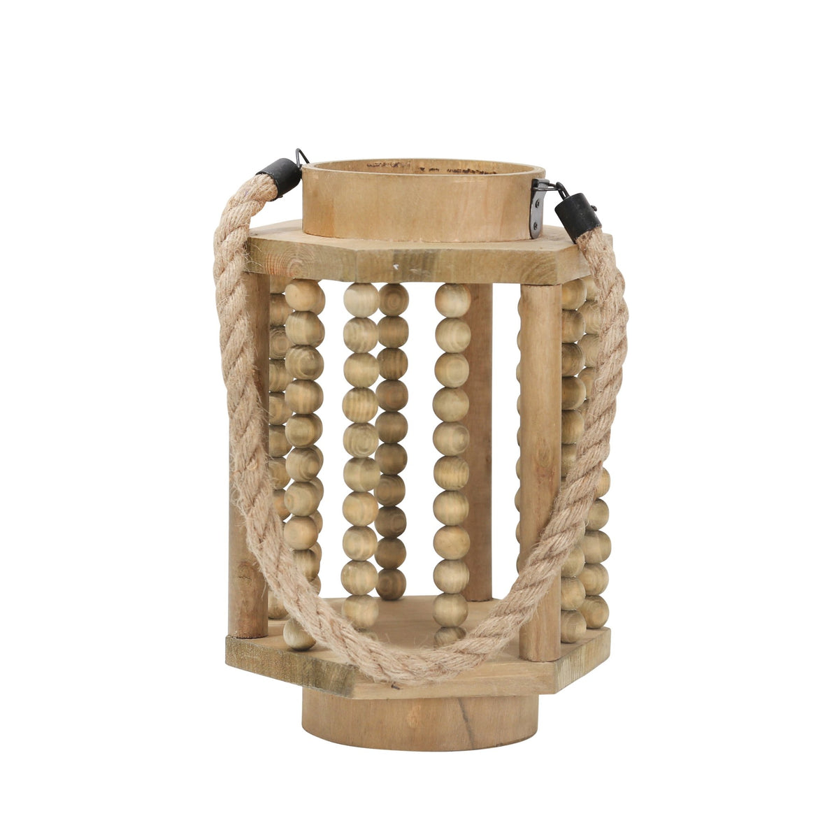 WOOD 11" LANTERN WITH ROPE HANDLE, BROWN Candle Holders| Sagebrook Home