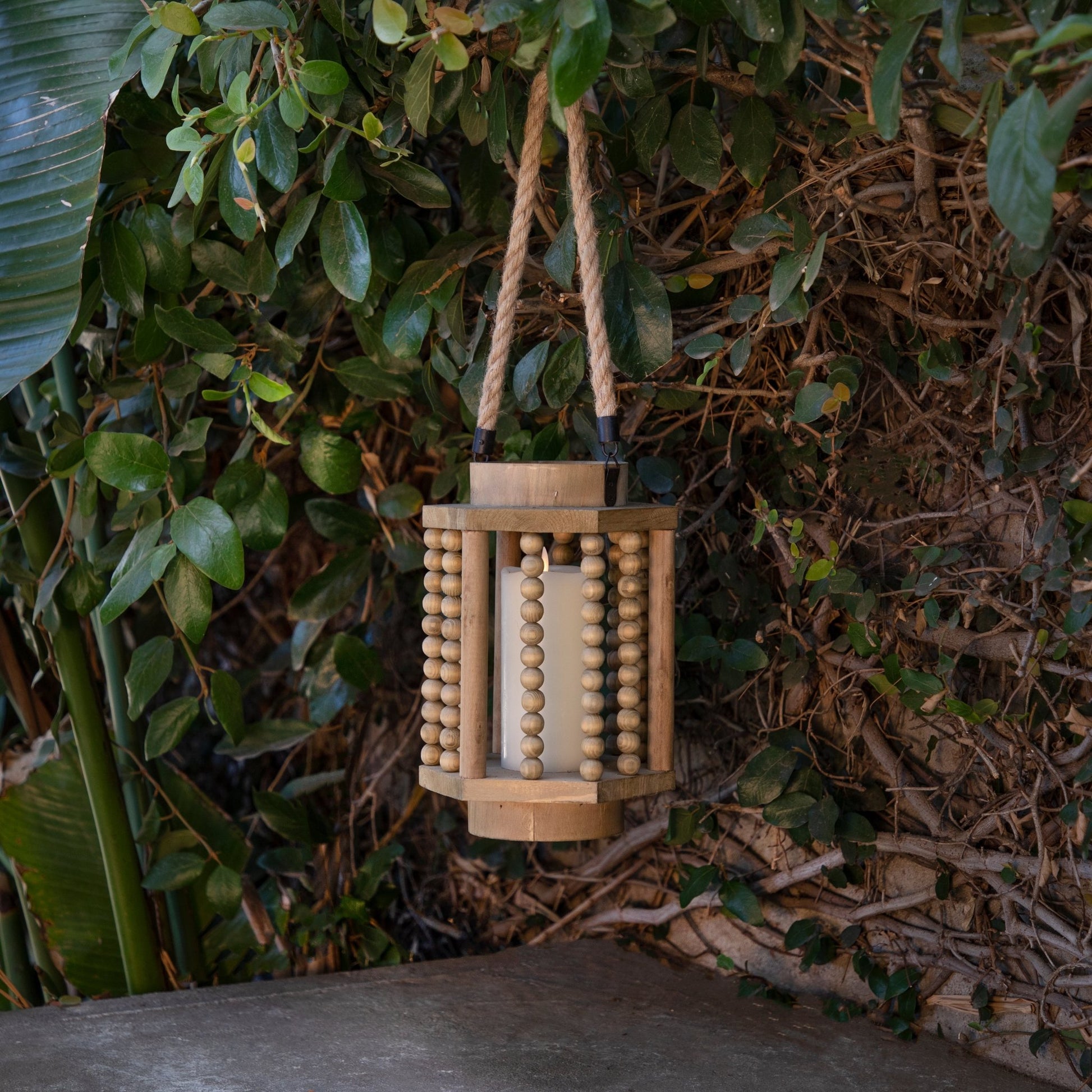 WOOD 11" LANTERN WITH ROPE HANDLE, BROWN Candle Holders| Sagebrook Home