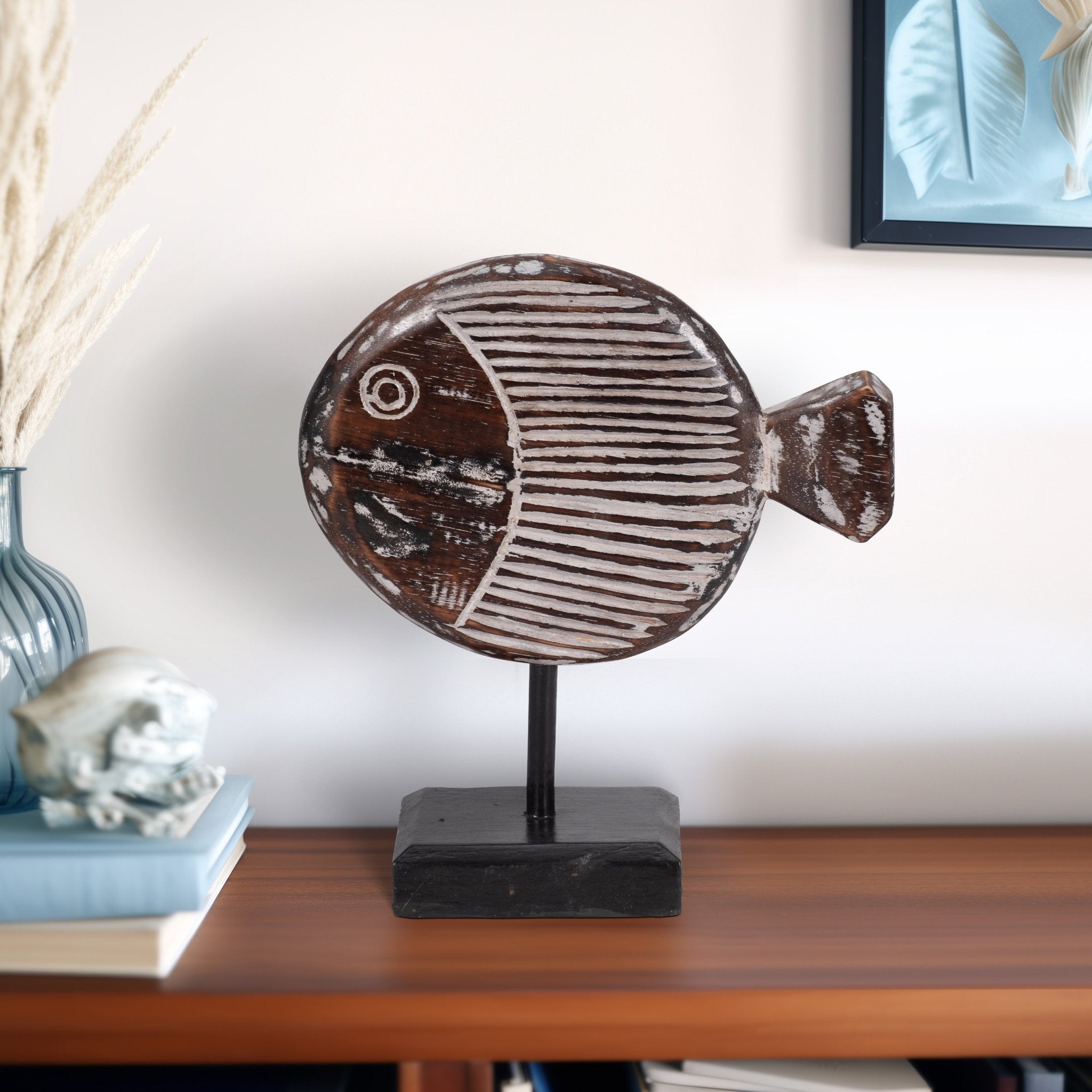 WOOD, 11"H FISH ON STAND, GRAY | Sagebrook Home