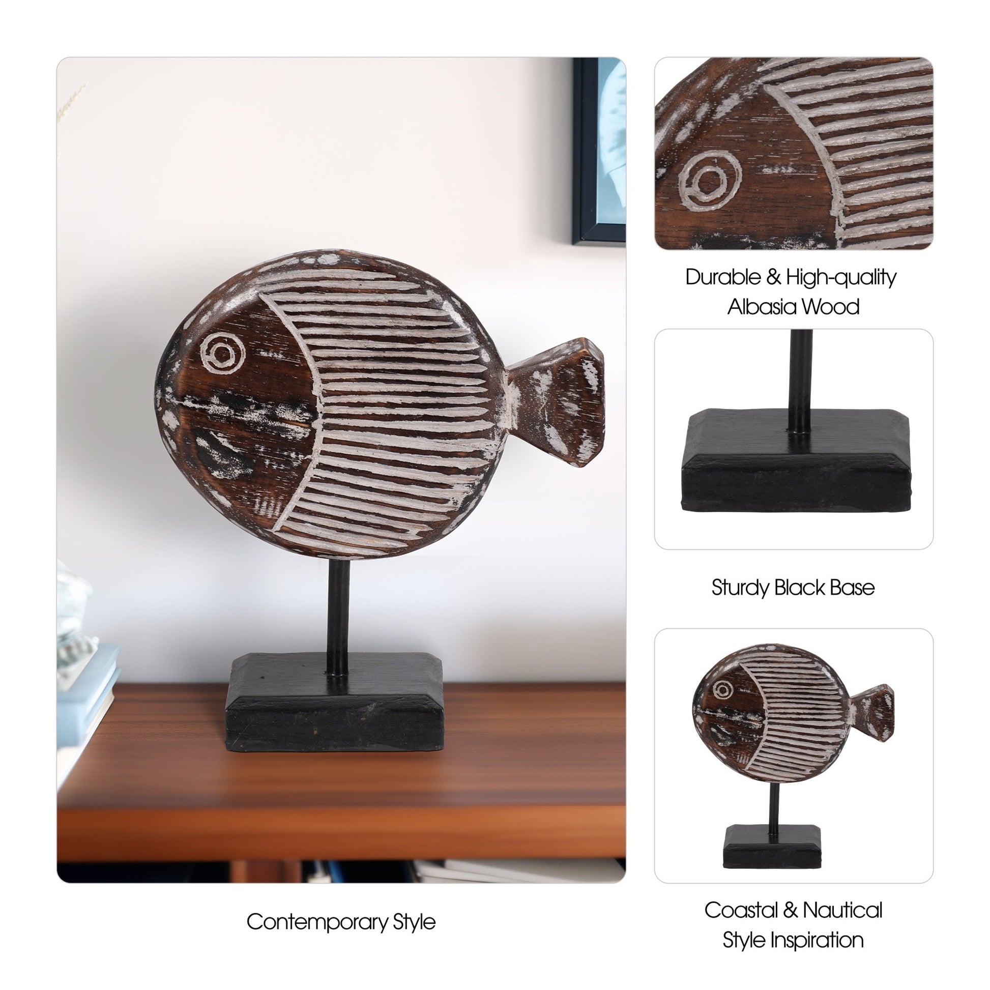 WOOD, 11"H FISH ON STAND, GRAY | Sagebrook Home