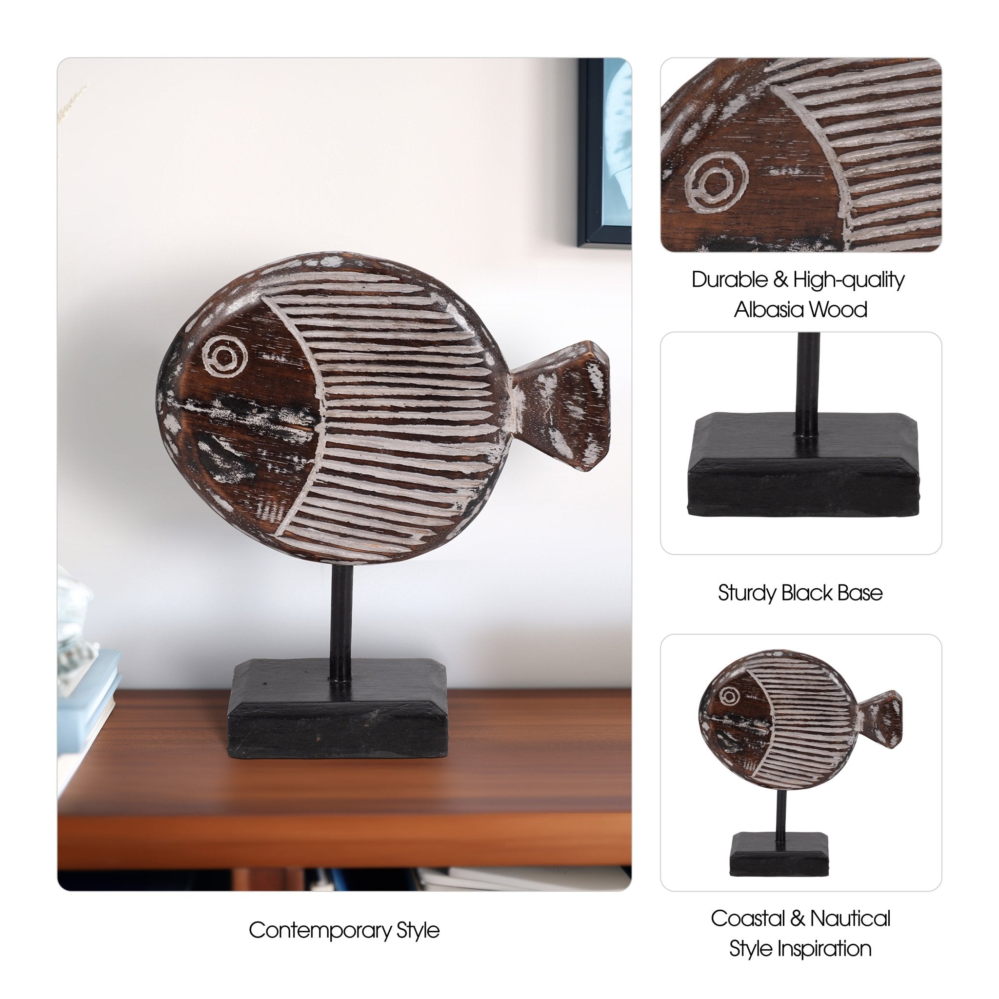 WOOD, 11"H FISH ON STAND, GRAY | Sagebrook Home