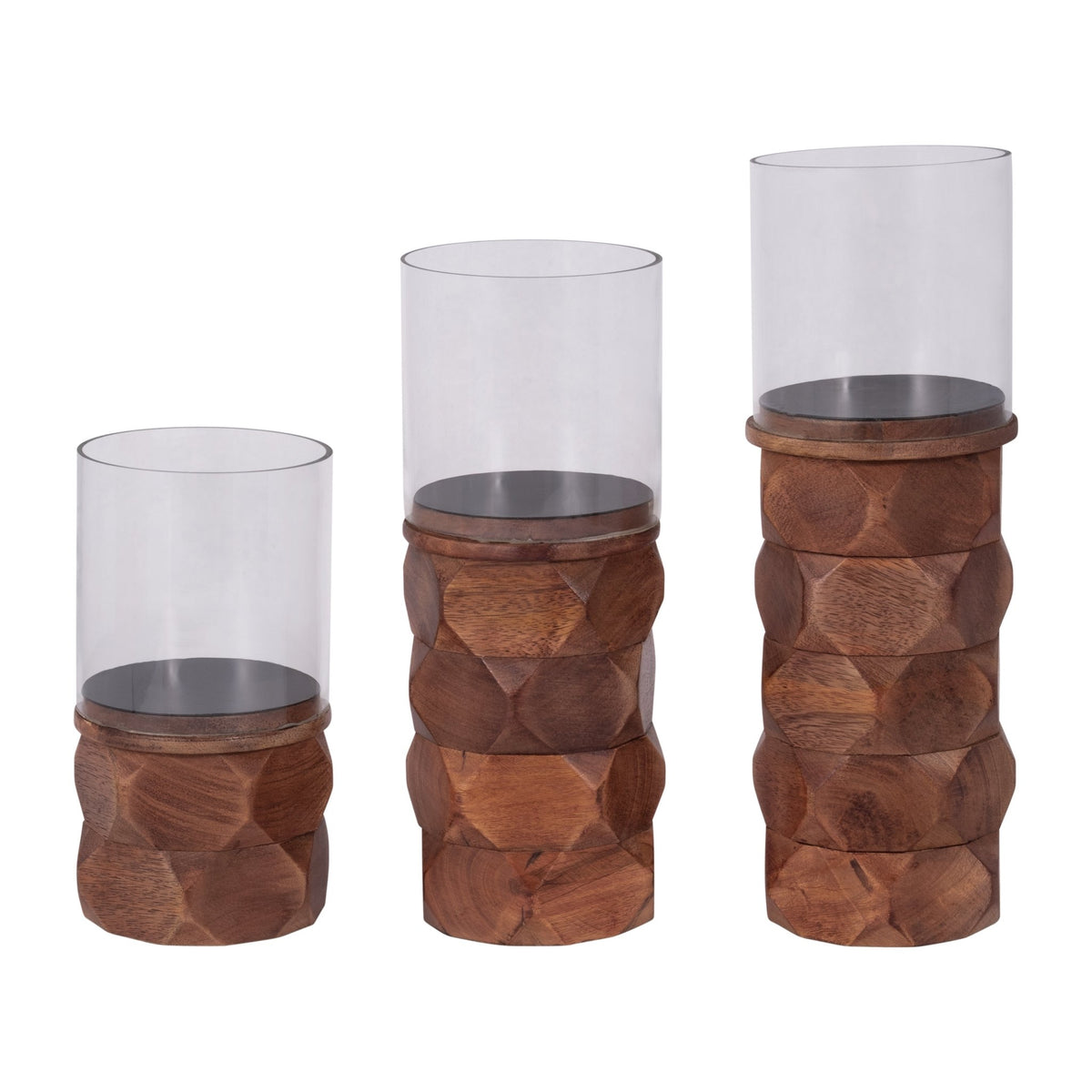 WOOD, 12" STACKED HEXAGON PILLAR HURRICANE, BROWN Candle Holders| Sagebrook Home