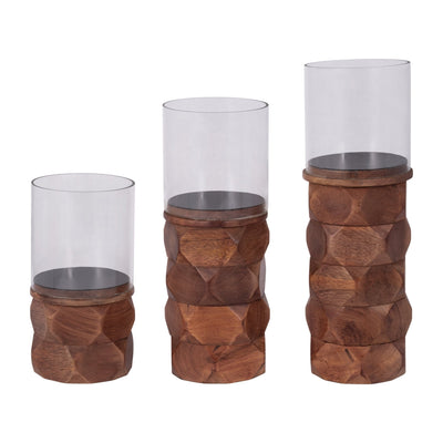WOOD, 12" STACKED HEXAGON PILLAR HURRICANE, BROWN - Al Rugaib Furniture