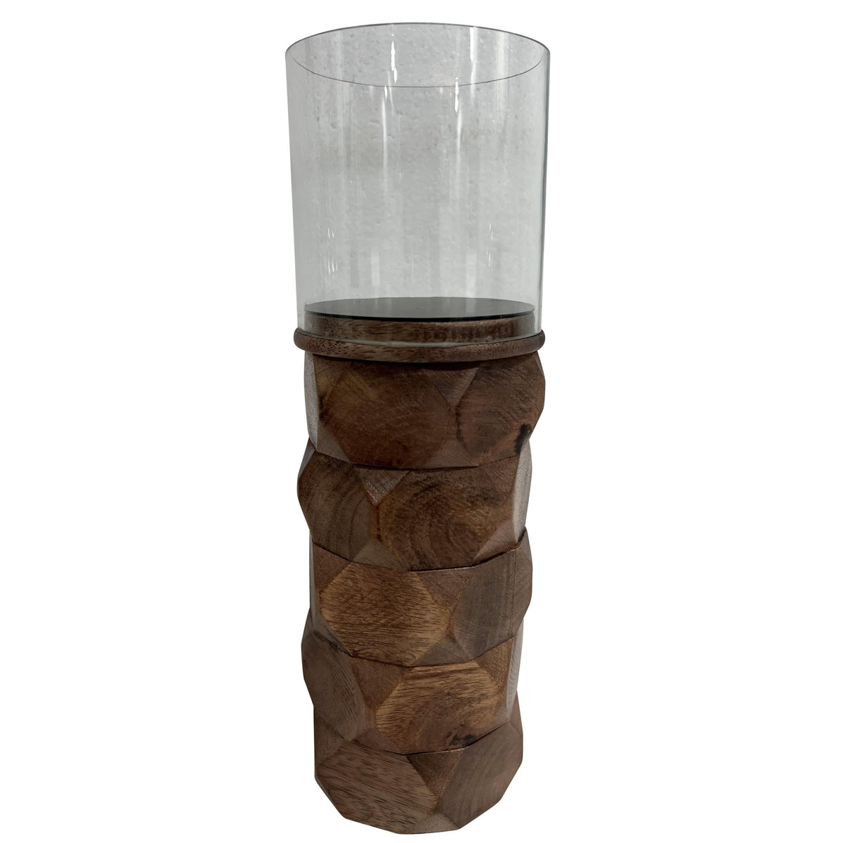 WOOD, 12" STACKED HEXAGON PILLAR HURRICANE, BROWN Candle Holders| Sagebrook Home
