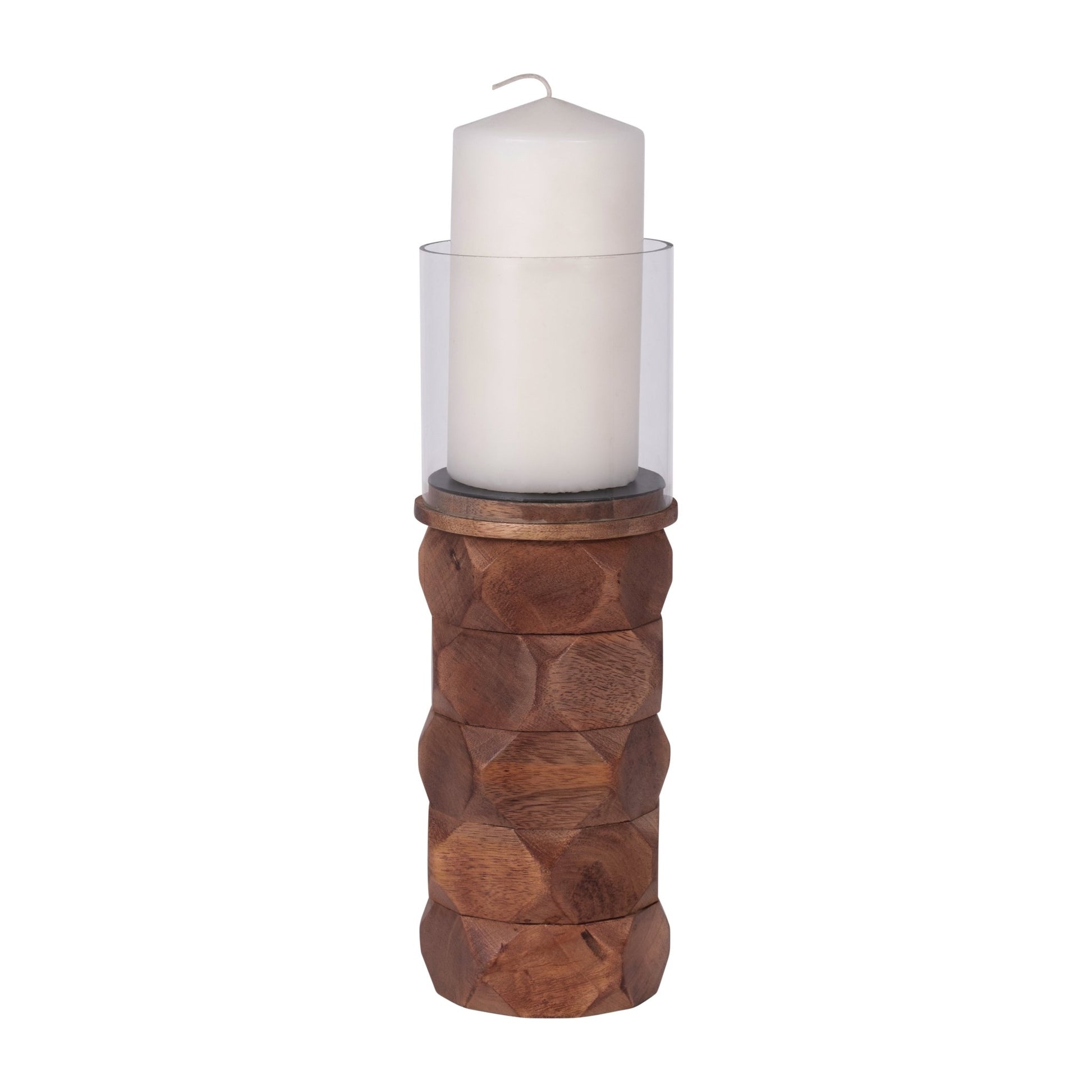 WOOD, 12" STACKED HEXAGON PILLAR HURRICANE, BROWN Candle Holders| Sagebrook Home
