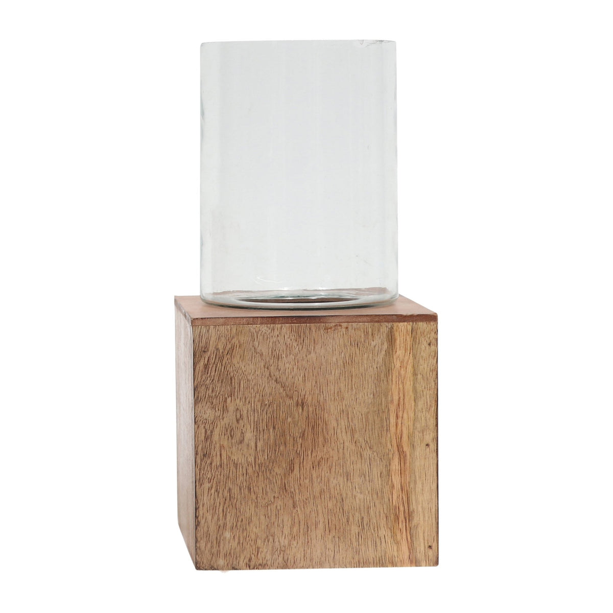 WOOD, 13" SQUARE BASE PILLAR HURRICANE, NATURAL Candle Holders| Sagebrook Home