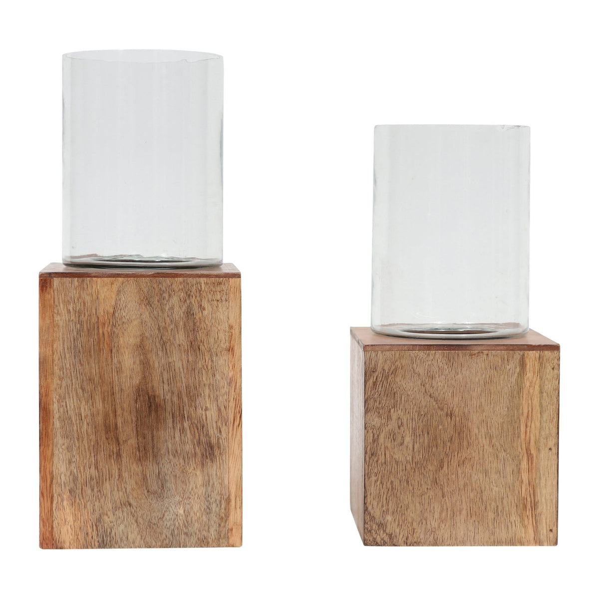 WOOD, 13" SQUARE BASE PILLAR HURRICANE, NATURAL Candle Holders| Sagebrook Home