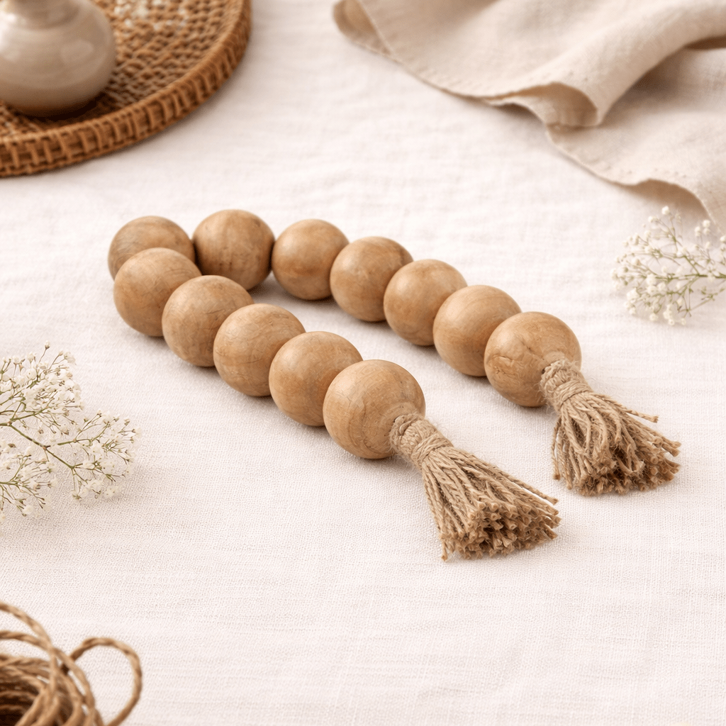 WOOD, 25" LARGE BEADED GARLAND W/ TASSEL, NATURAL Table Decors| Sagebrook Home
