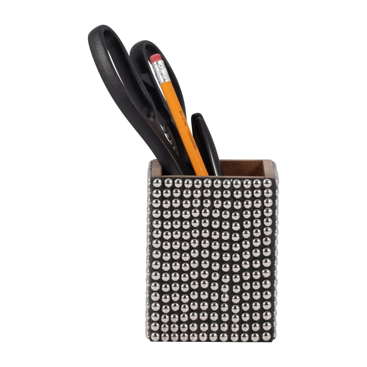 WOOD, 4" STUDDED PENCIL CUP, SILVER/BLACK Table Decors| Sagebrook Home
