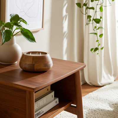 WOOD, 8" 15 OZ MODERN BOWL SCENTED CANDLE, NATURAL - Al Rugaib Furniture