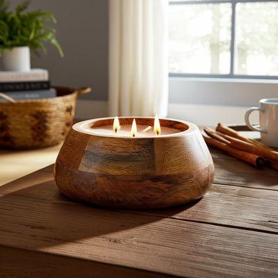 WOOD, 8" 15 OZ MODERN BOWL SCENTED CANDLE, NATURAL - Al Rugaib Furniture