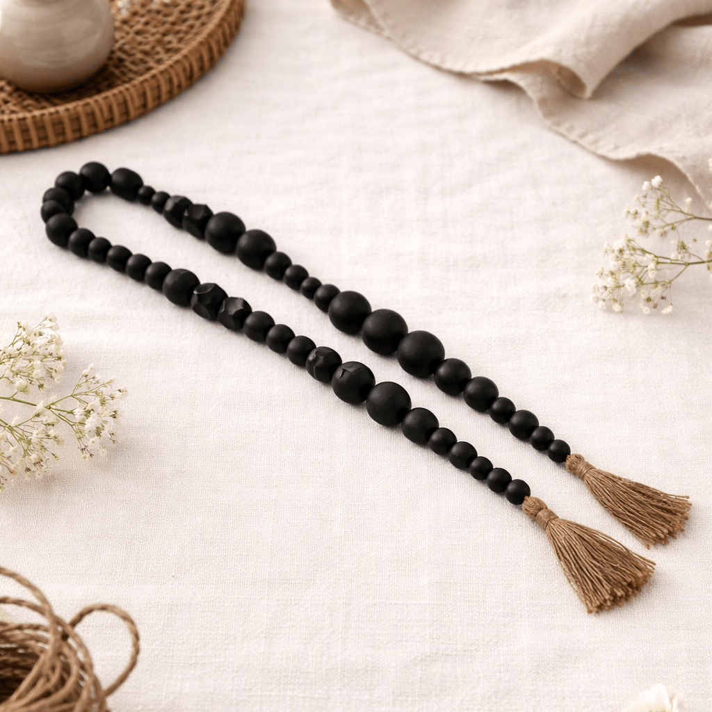 WOOD, 84"L HEX & ROUND BEAD GARLAND, BLACK Table Decors| Sagebrook Home