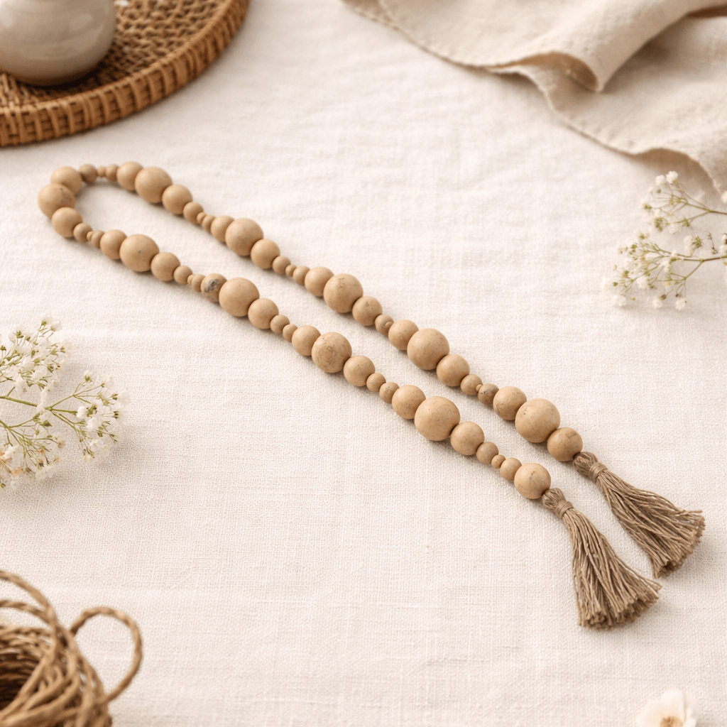 WOOD, 84"L STONEWASH BEAD GARLAND, IVORY Table Decors| Sagebrook Home