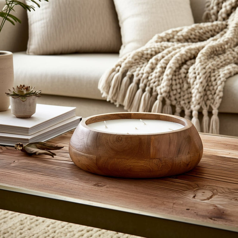 WOOD, 9" 20 OZ MODERN BOWL SCENTED CANDLE, NATURAL - Al Rugaib Furniture