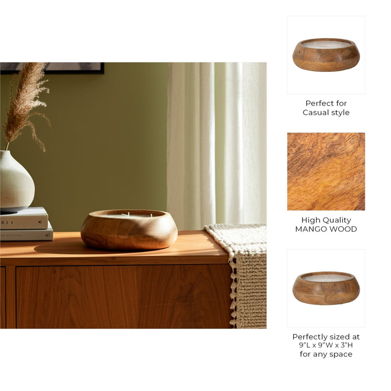 WOOD, 9" 20 OZ MODERN BOWL SCENTED CANDLE, NATURAL - Al Rugaib Furniture