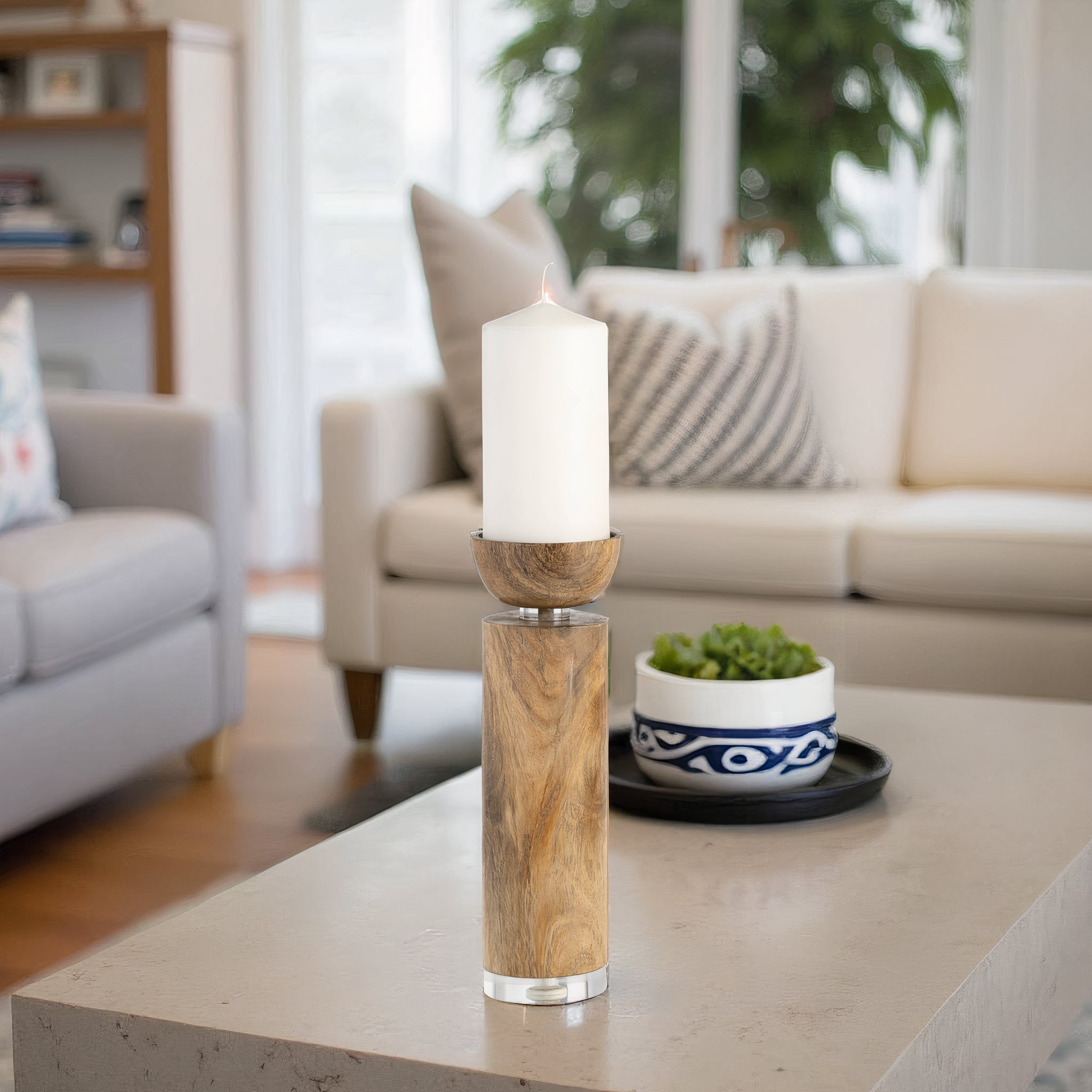WOOD, 11" ACRYLIC DETAIL TAPER CANDLEHOLDER, NATUR Candle Holders| Sagebrook Home