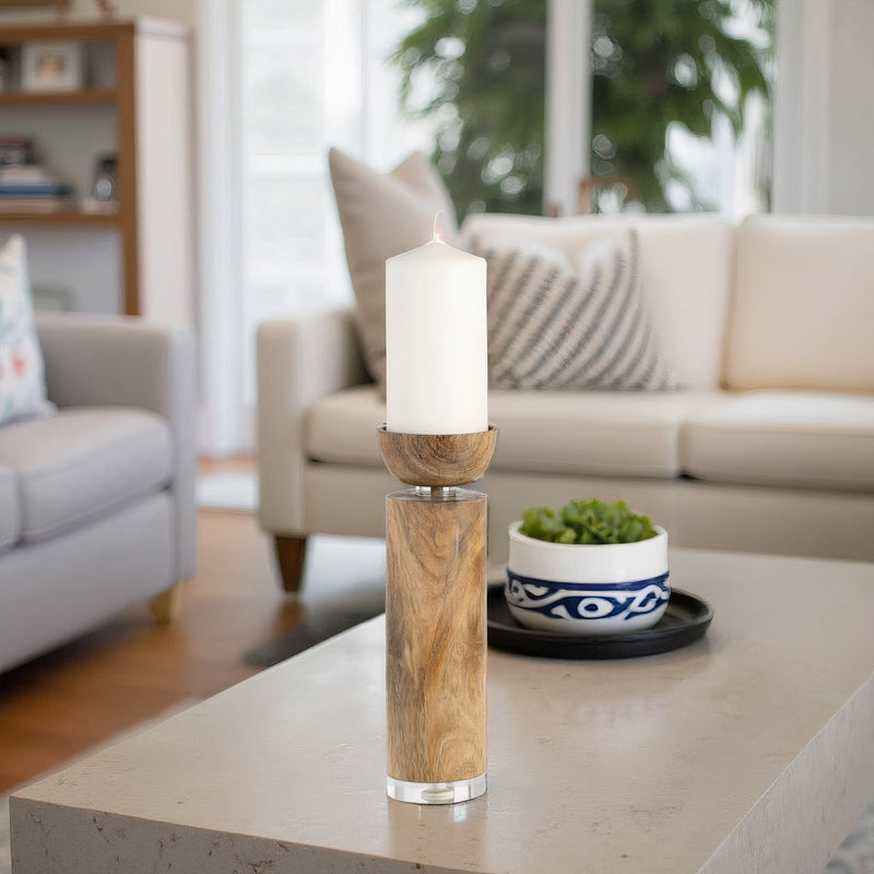 WOOD ACRYLIC DETAIL TAPER CANDLEHOLDER, NATUR - Al Rugaib Furniture