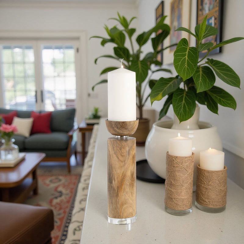 WOOD ACRYLIC DETAIL TAPER CANDLEHOLDER, NATUR - Al Rugaib Furniture