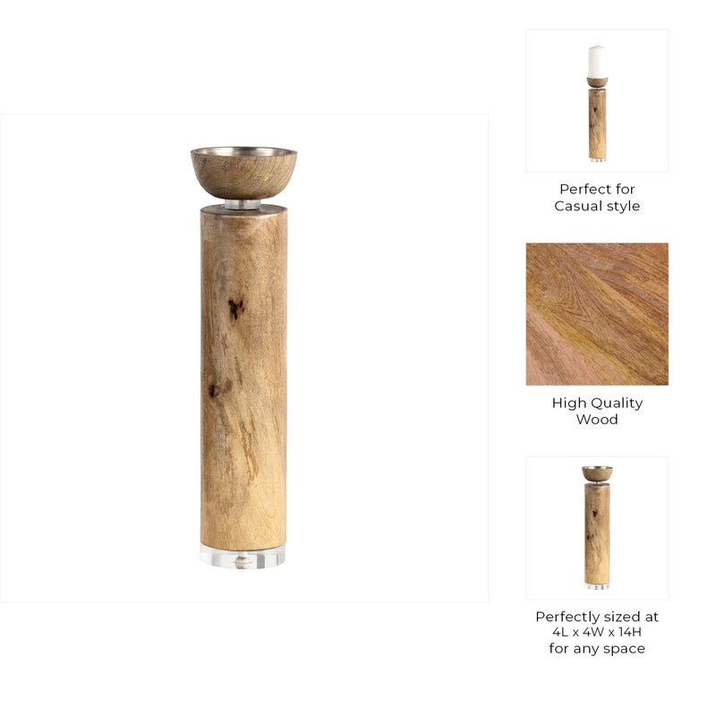 WOOD ACRYLIC DETAIL TAPER CANDLEHOLDER, NATUR - Al Rugaib Furniture