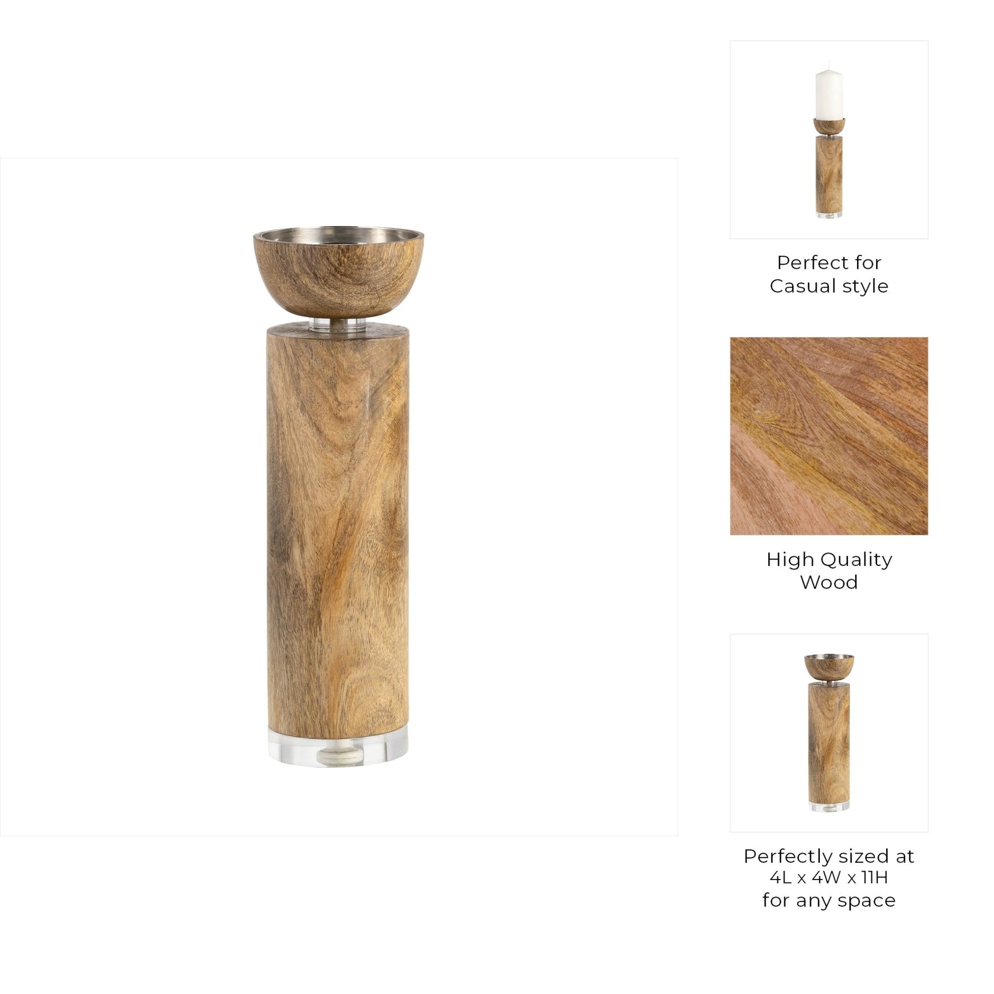 WOOD, 11" ACRYLIC DETAIL TAPER CANDLEHOLDER, NATUR Candle Holders| Sagebrook Home