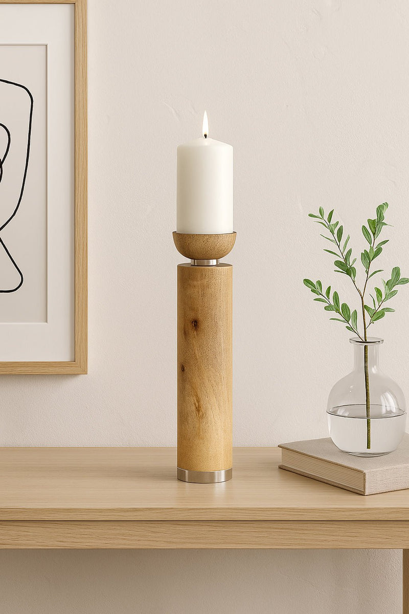 WOOD ACRYLIC DETAIL TAPER CANDLEHOLDER, NATUR - Al Rugaib Furniture