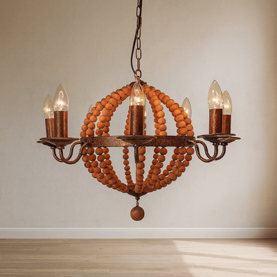 WOOD BEAD 8 LIGHT CHANDELIER, BROWN - Al Rugaib Furniture