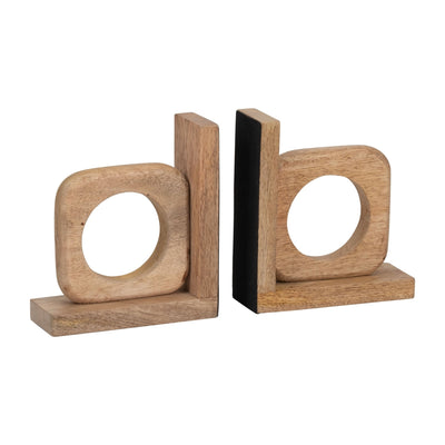 WOOD, S/2 5" CUT OUT SQAURE BOOKEND, NATURAL - Al Rugaib Furniture