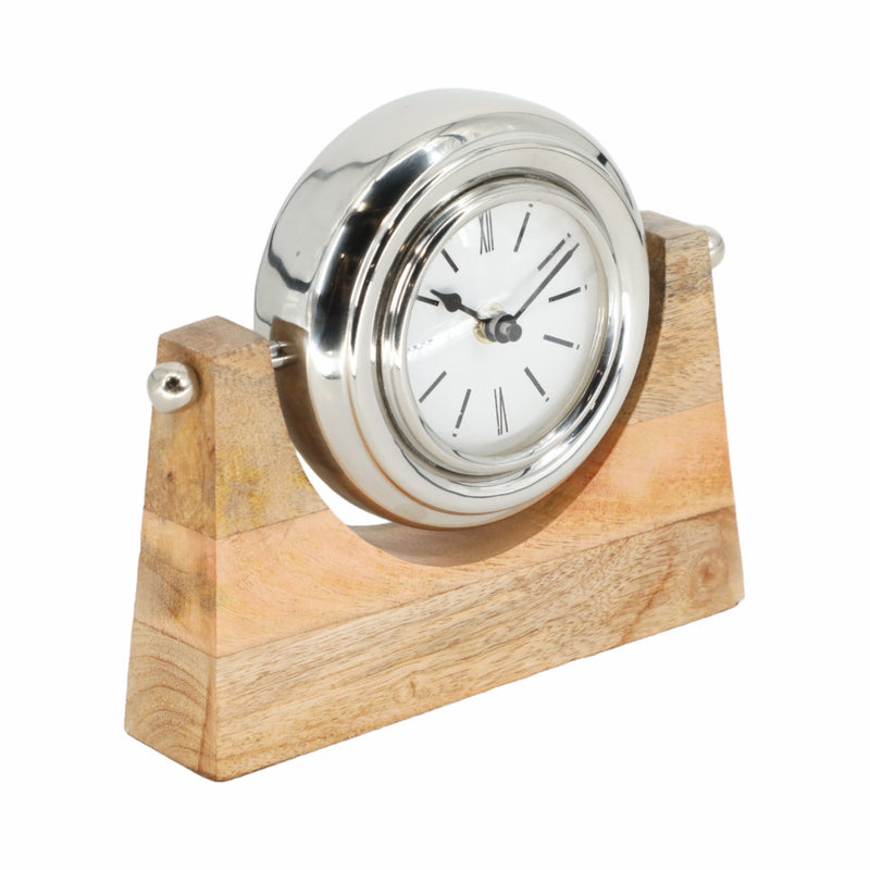 WOOD,7"H,LOCK - ON - STAND TABLE CLOCK,NICKEL - Al Rugaib Furniture