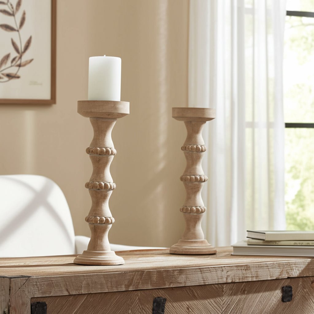 WOODEN 15" BANDED BEAD CANDLEHOLDER, DISTRESSED IV Candle Holders| Sagebrook Home