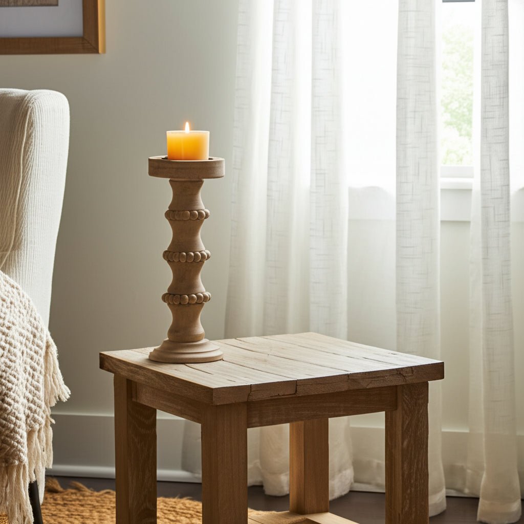 WOODEN 15" BANDED BEAD CANDLEHOLDER, DISTRESSED IV Candle Holders| Sagebrook Home