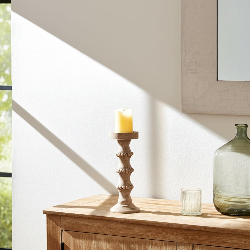 WOODEN 15" BANDED BEAD CANDLEHOLDER, DISTRESSED IV Candle Holders| Sagebrook Home
