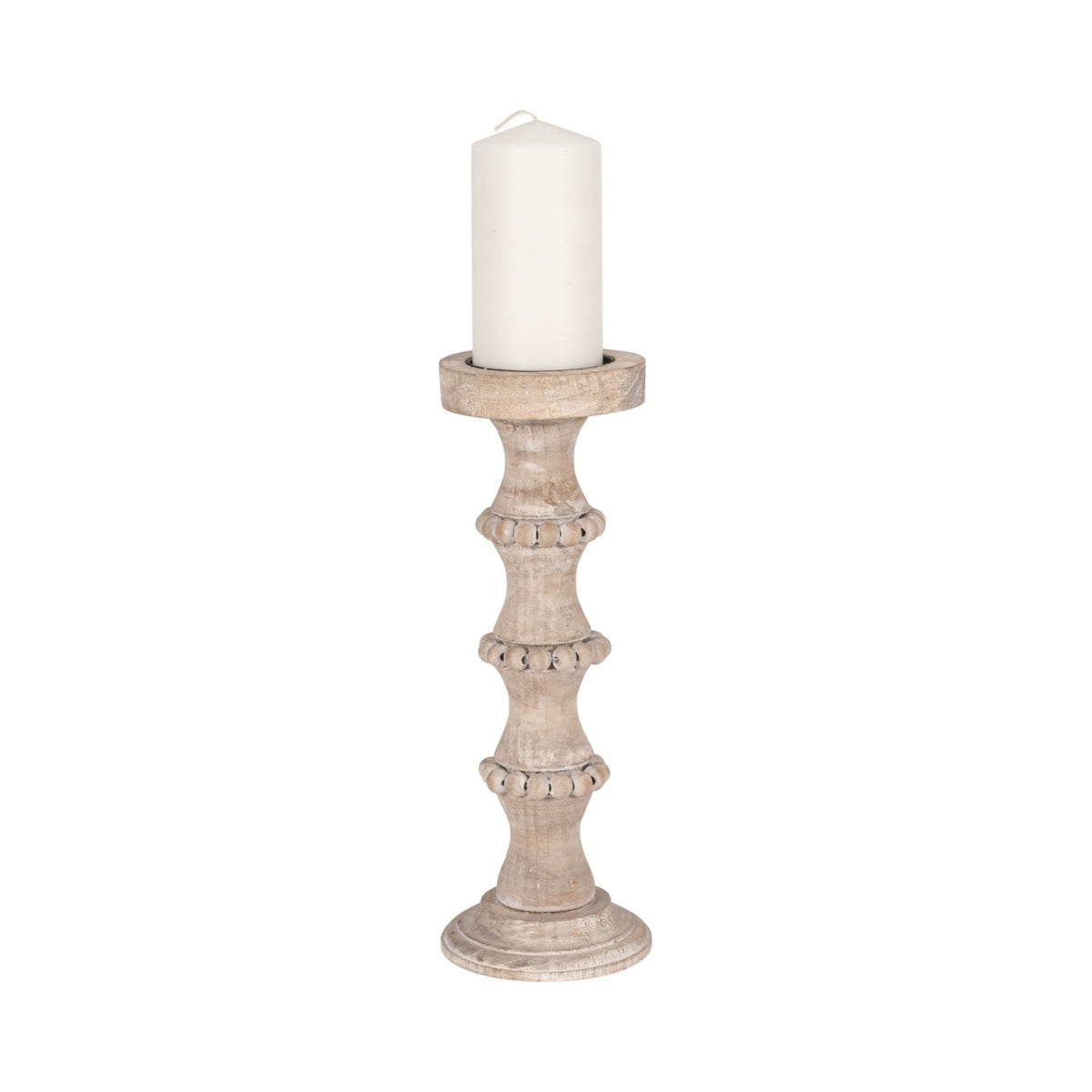 WOODEN 15" BANDED BEAD CANDLEHOLDER, DISTRESSED IV Candle Holders| Sagebrook Home