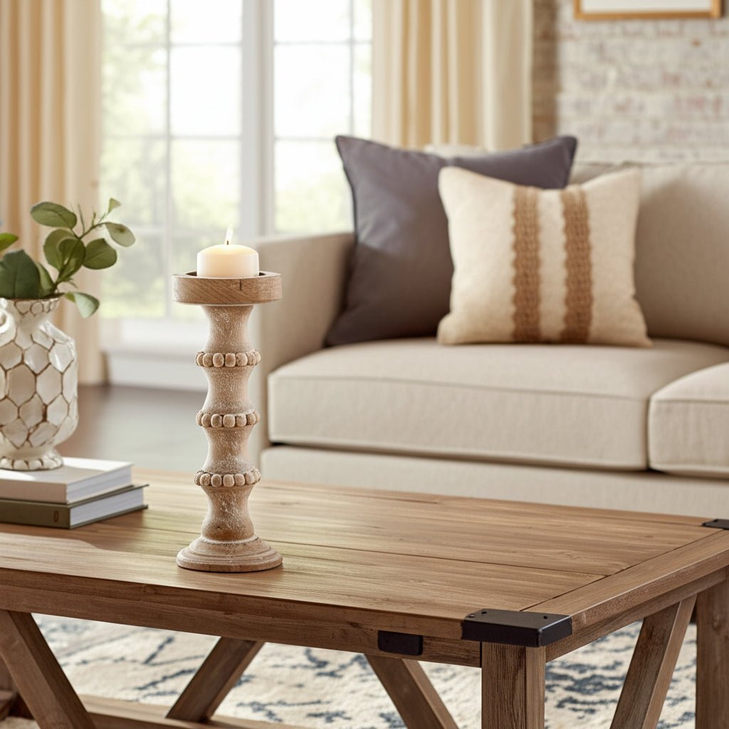 WOODEN 15" BANDED BEAD CANDLEHOLDER, DISTRESSED IV Candle Holders| Sagebrook Home