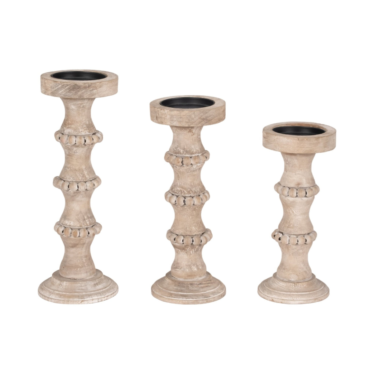 WOODEN 15" BANDED BEAD CANDLEHOLDER, DISTRESSED IV Candle Holders| Sagebrook Home
