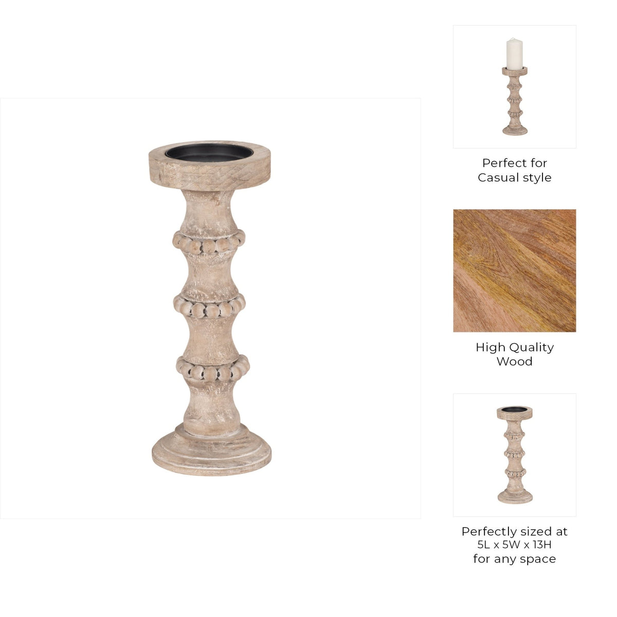 WOODEN 15" BANDED BEAD CANDLEHOLDER, DISTRESSED IV Candle Holders| Sagebrook Home